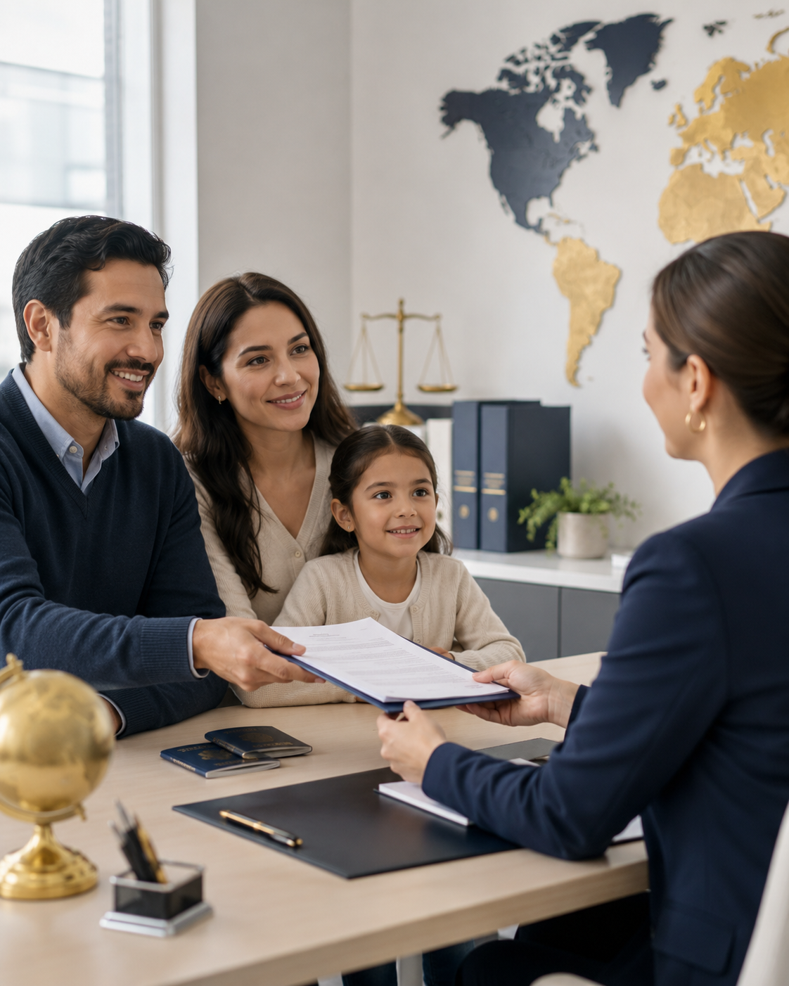 A family handing official documents to a professional during a translation or immigration consultation
